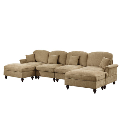 Classic U Shape 4 Seater Modular Sectional Sofa Couch with Flared Arms and Removable Ruffles Pleats Skirts and Spindle Legs, Chenille Deep Seat Cloud Sofa with Movable Ottomans, Light Coffee