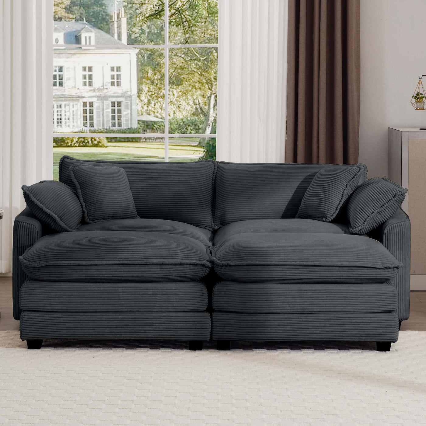 Contemporary Corduroy Two-Seater Sofa with Ottoman, Grey, Ideal for Small Spaces
