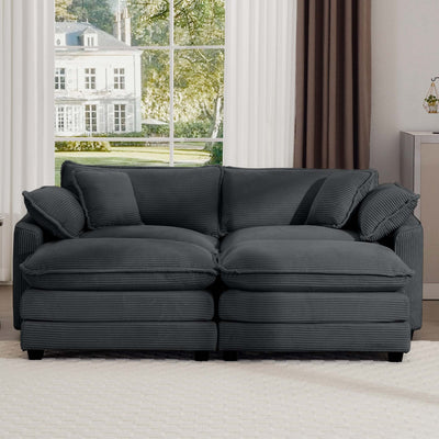 Contemporary Corduroy Two-Seater Sofa with Ottoman, Grey, Ideal for Small Spaces