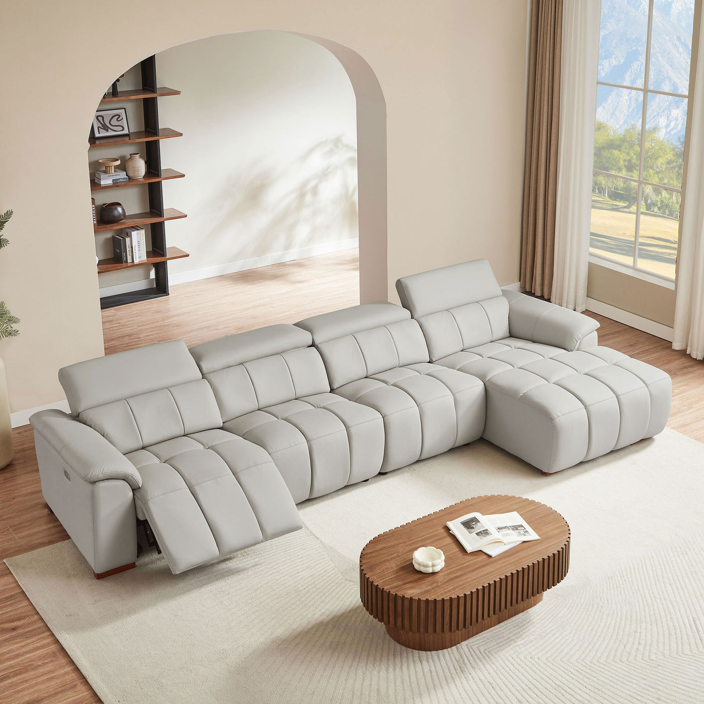 4 Seats Wall-Hugger Reclining Sofa Modern Electric Control Genuine Leather L Shaped Couch,Lounge Seat Theater Seating Furniture with USB Port, Sofa with Headrest & Footrest for Living Room,Apartment