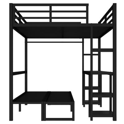 Queen Over Twin XL Metal Bunk Bed/Loft Bed with Desk and Shelves, Multiple Uses Folds into Sofa with LED and USB, Black