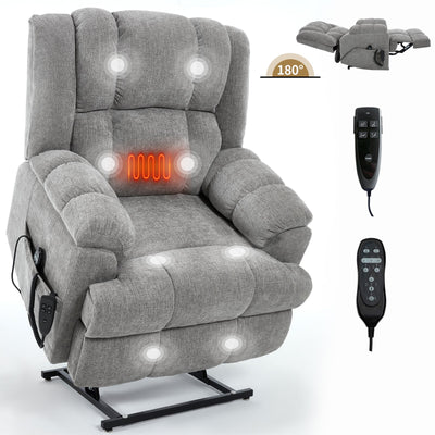 Dual Motor Heat Massage Infinite Position Up to 350 LBS Electric Power Lift Recliners with Power-Remote, Medium-firm and Heavy Duty, Light Grey