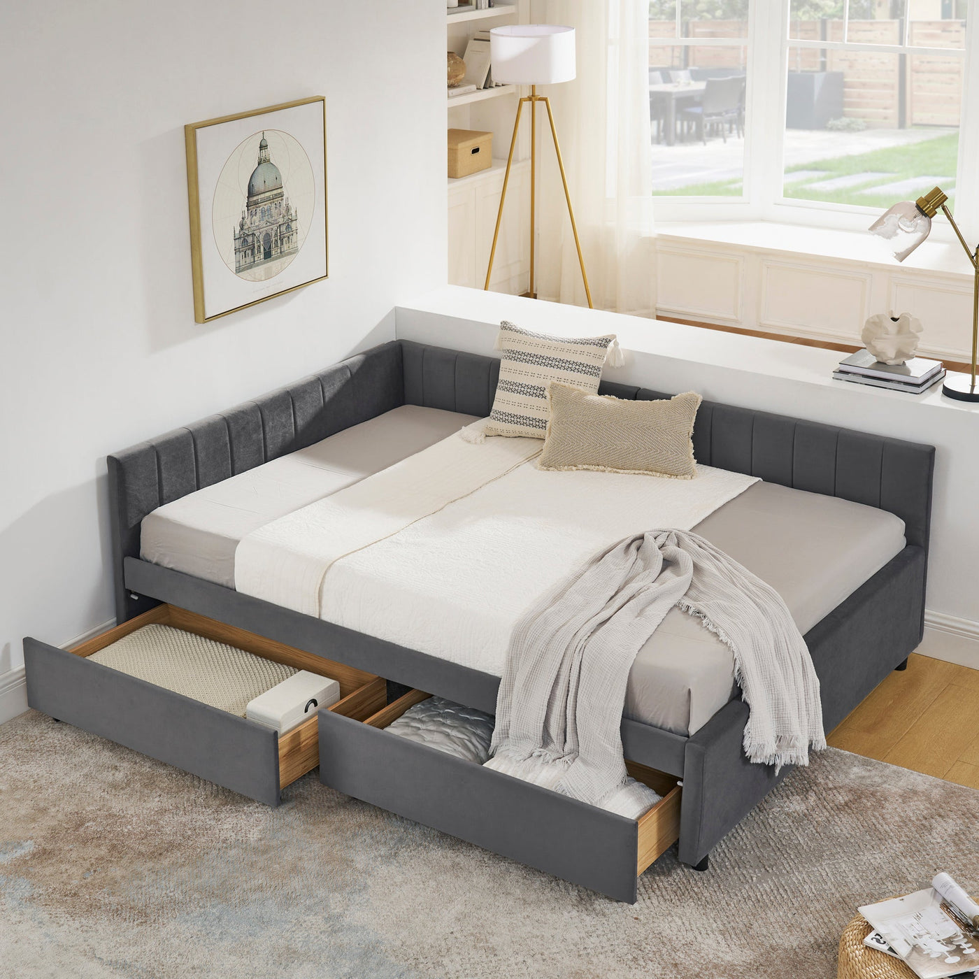 Full Size Upholstered Tufted Bed Frame with Two Drawers, Sofa Bed Frame with Comfortable Backrest and Armrests, Velvet, Grey(79.5''x58''x25'')