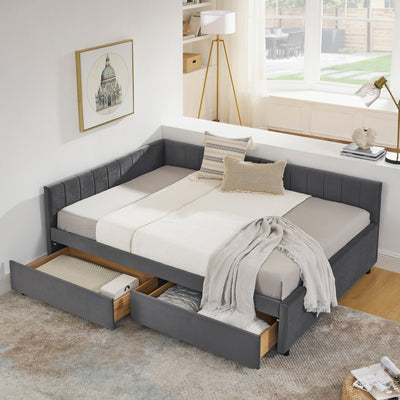 Full Size Upholstered Tufted Bed Frame with Two Drawers, Sofa Bed Frame with Comfortable Backrest and Armrests, Velvet, Grey(79.5''x58''x25'')