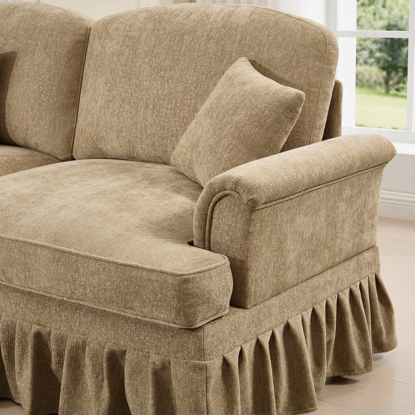 Classic U Shape 4 Seater Modular Sectional Sofa Couch with Flared Arms and Removable Ruffles Pleats Skirts and Spindle Legs, Chenille Deep Seat Cloud Sofa with Movable Ottomans, Light Coffee