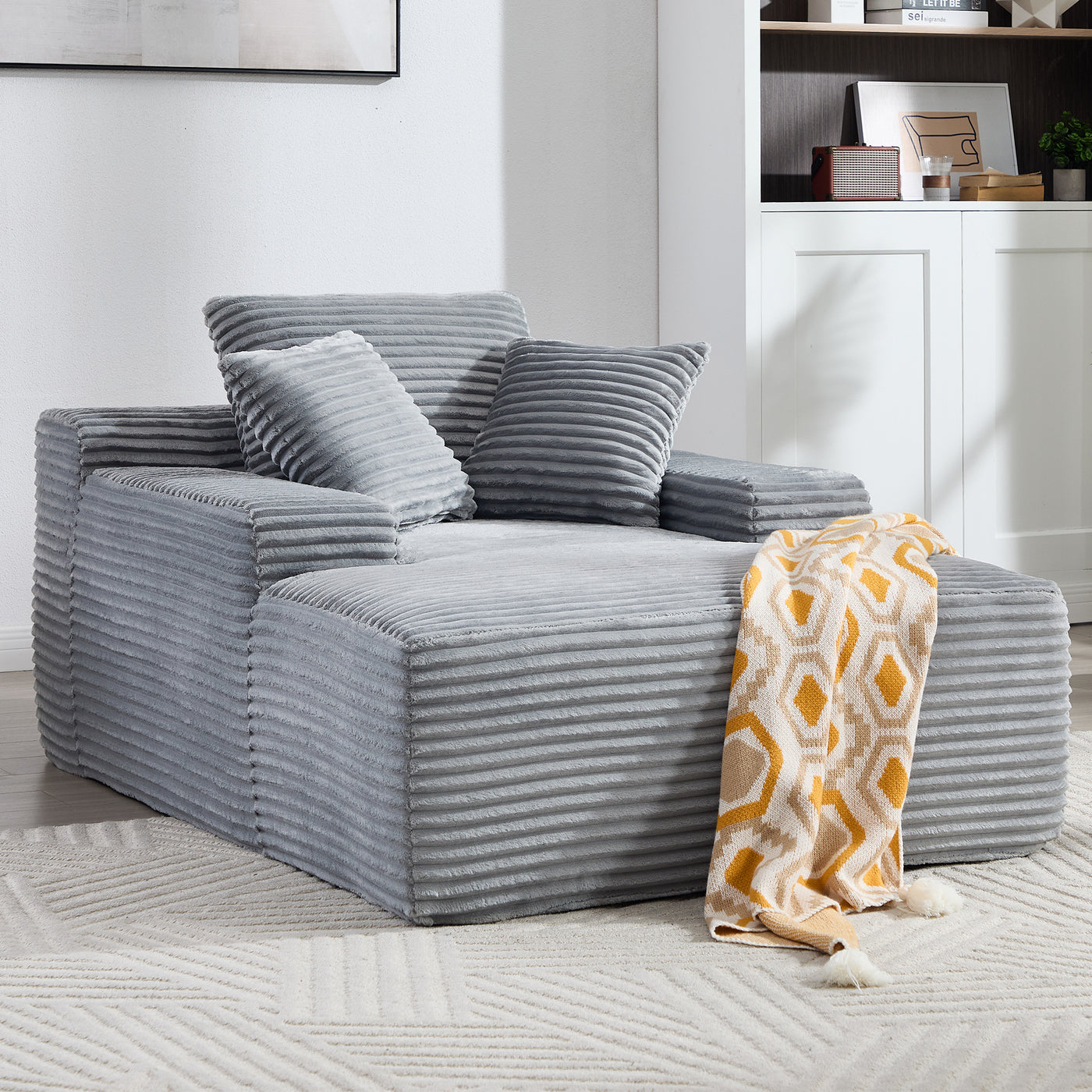 67' Chaise Lounge Chair 9.9'' Wide Armrest Indoor Corduroy Oversized Sleeper Sofa for Living Room Deep Seat Lounge and Three Soft Pillows Convertible Boneless Sofa Bed, Grey, No Assembly Required
