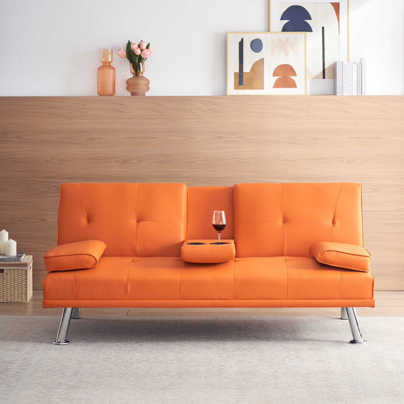67' Orange Leather Office Sofa Bed, Double Fold, with Coffee Table, Multifunctional