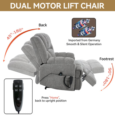 Dual Motor Heat Massage Infinite Position Up to 350 LBS Electric Power Lift Recliners with Power-Remote, Medium-firm and Heavy Duty, Light Grey