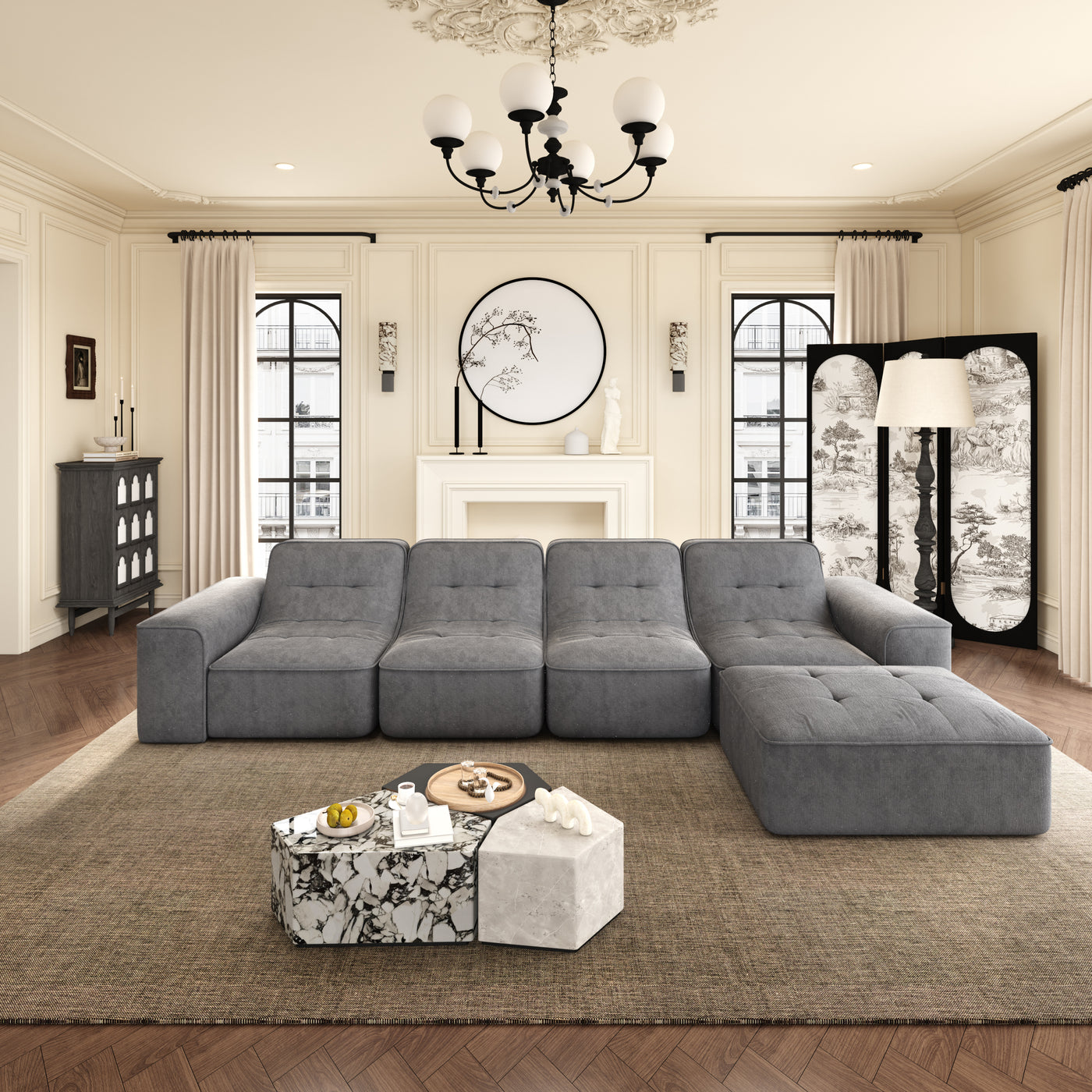 143.7' Modular Sectional Sofa Set with Removable Ottoman,Tufted Design, Deep Seat Couch, Chaise & Accent Chair,Modern DIY Sparkling Chenille Sofa for Living Room, Apartment, Office