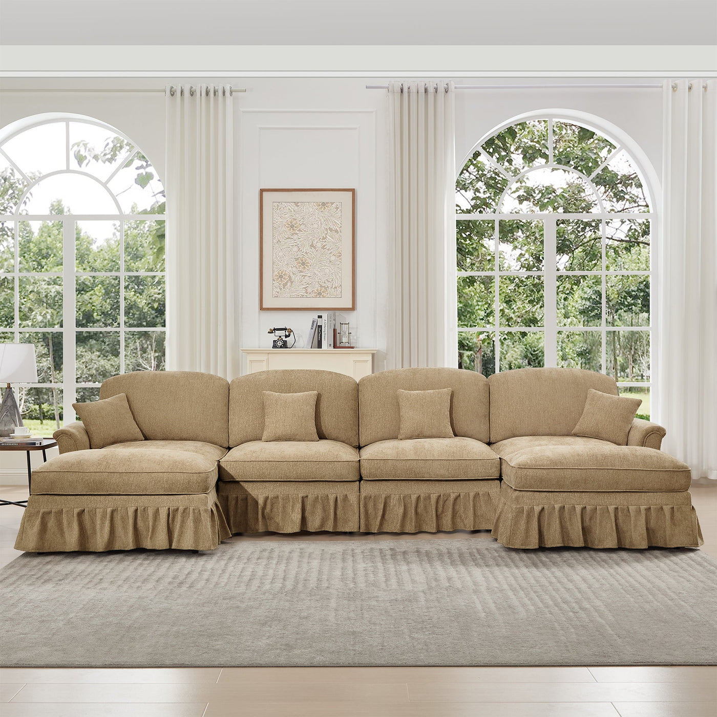 Classic U Shape 4 Seater Modular Sectional Sofa Couch with Flared Arms and Removable Ruffles Pleats Skirts and Spindle Legs, Chenille Deep Seat Cloud Sofa with Movable Ottomans, Light Coffee