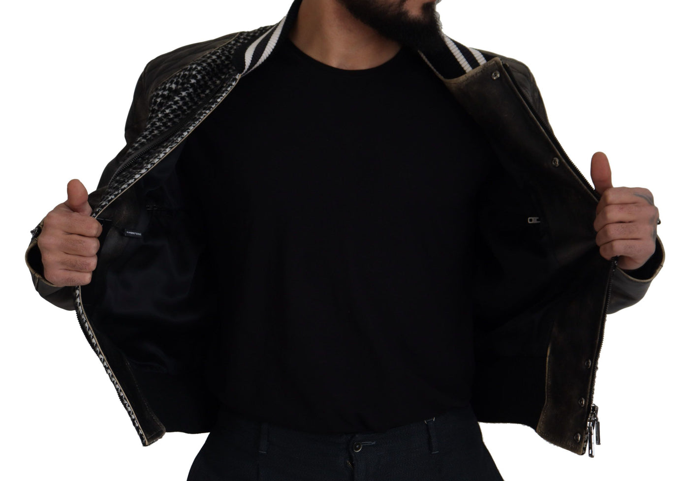 Dolce & Gabbana Black Houndstooth Polyester Bomber Jacket