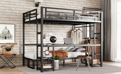 Queen Over Twin XL Metal Bunk Bed/Loft Bed with Desk and Shelves, Multiple Uses Folds into Sofa with LED and USB, Black