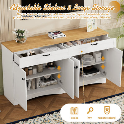ON-TREND Farmhouse TV Stand with 2 Drawers for TVs Up to 70', Versatile Wood Grain Sideboard with Adjustable Shelves, Mid-Century Buffet Cabinet with Rustic Handles for Living Room/Bedroom, White