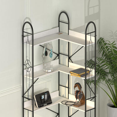 Industrial Style 5 Tier Corner Bookshelf, Ivory White MDF with Thickened Iron Frame, 72.05 Inch