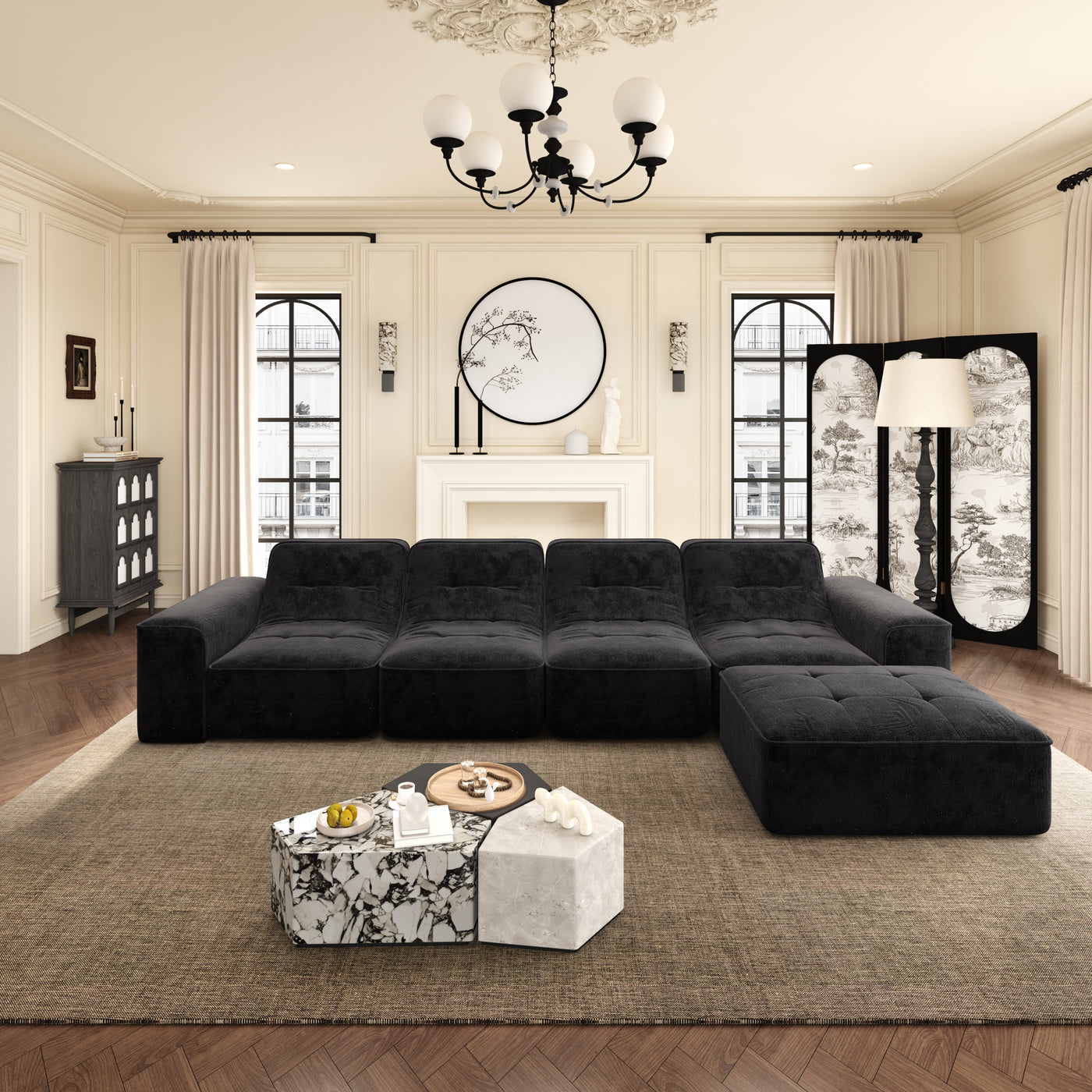 143.7' Modular Sectional Sofa Set with Removable Ottoman,Tufted Design, Deep Seat Couch, Chaise & Accent Chair,Modern DIY Sparkling Chenille Sofa for Living Room, Apartment, Office