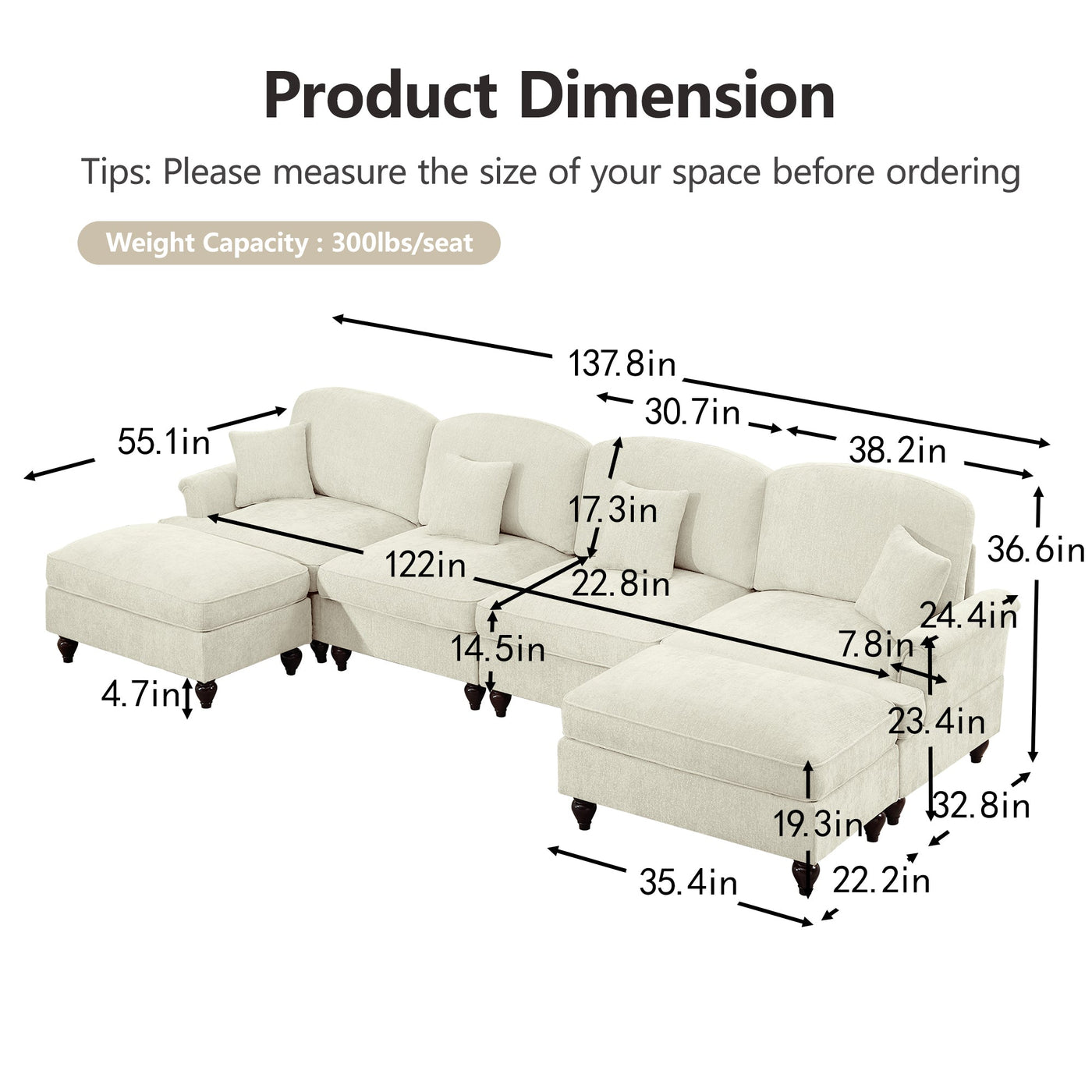 Classic U Shape 4 Seater Modular Sectional Sofa Couch with Flared Arms and Removable Ruffles Pleats Skirts and Spindle Legs, Chenille Deep Seat Cloud Sofa with Movable Ottomans, Beige White