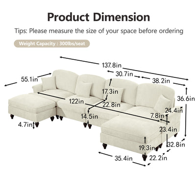 Classic U Shape 4 Seater Modular Sectional Sofa Couch with Flared Arms and Removable Ruffles Pleats Skirts and Spindle Legs, Chenille Deep Seat Cloud Sofa with Movable Ottomans, Beige White