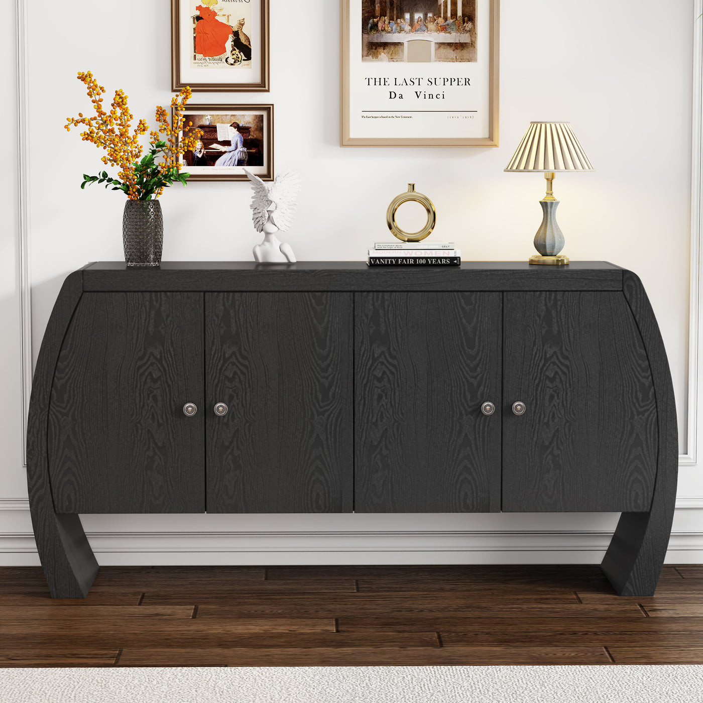 U-Style Four-Door Ash Veneer Storage Cabinet with Curved Legs, Perfectly Suited for Hallways, Entrances, and Living Rooms
