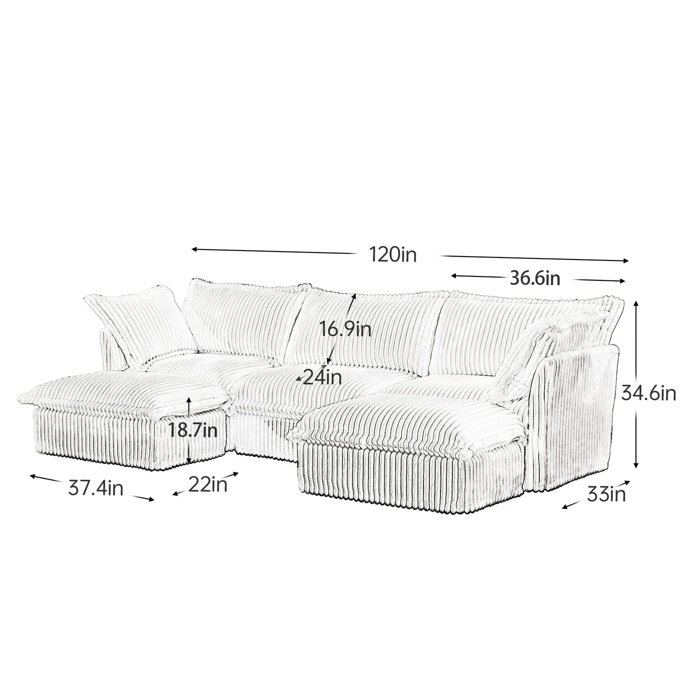 Slipcovered U Shape Sectional Deep Seat Sofa Couch, 3 Seater Sofa with French Edges Design Multiple Big Pillows, Modular Deep Seat Sectional Sofa Comfy Cloud Couch for Living Room, Apartment, Camel
