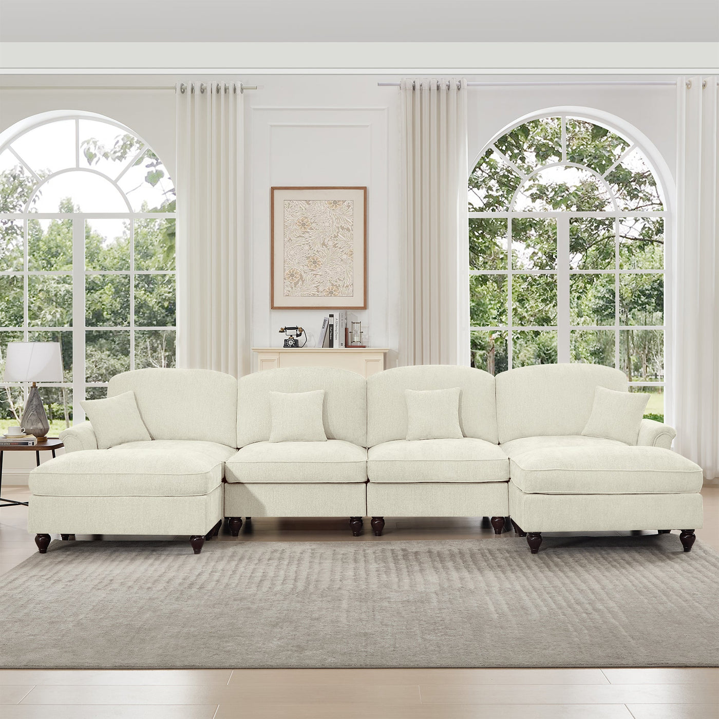 Classic U Shape 4 Seater Modular Sectional Sofa Couch with Flared Arms and Removable Ruffles Pleats Skirts and Spindle Legs, Chenille Deep Seat Cloud Sofa with Movable Ottomans, Beige White