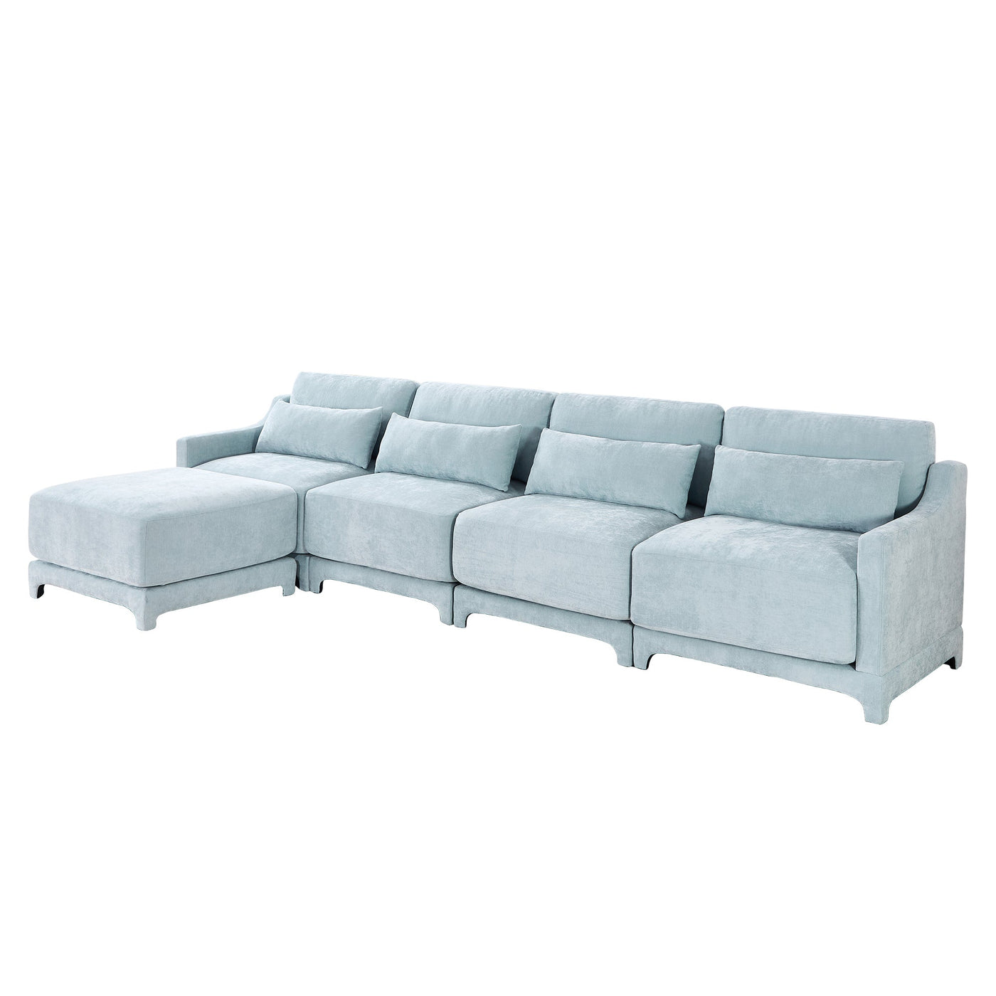 Stylish Four-Seater Sofa with Movable Ottoman in Sky Blue Chenille Fabric with Ergonomic Design