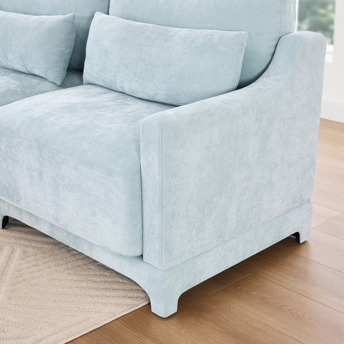 Stylish Four-Seater Sofa with Movable Ottoman in Sky Blue Chenille Fabric with Ergonomic Design