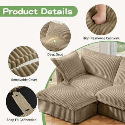Slipcovered U Shape Sectional Deep Seat Sofa Couch, 3 Seater Sofa with French Edges Design Multiple Big Pillows, Modular Deep Seat Sectional Sofa Comfy Cloud Couch for Living Room, Apartment, Camel