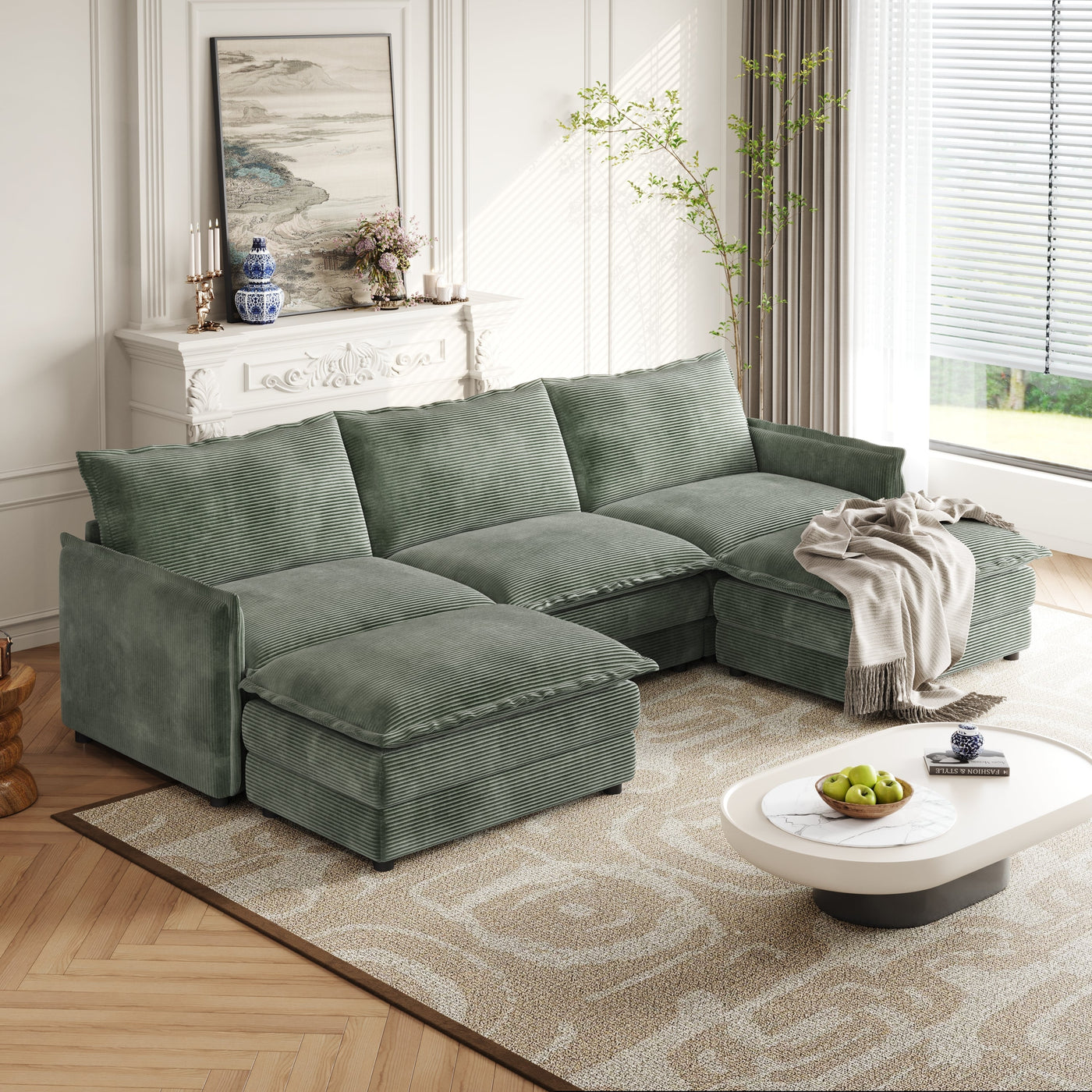 Corduroy Fabric 3-Seater Comfy Cloud Couch with 2 Movable Footrest for Living Room,Oversized Deep Seat U Shaped Couch Set, Upholstered Large Size Deep Seat 2-Seat Sofa with 3 cushions