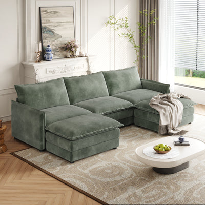 Corduroy Fabric 3-Seater Comfy Cloud Couch with 2 Movable Footrest for Living Room,Oversized Deep Seat U Shaped Couch Set, Upholstered Large Size Deep Seat 2-Seat Sofa with 3 cushions