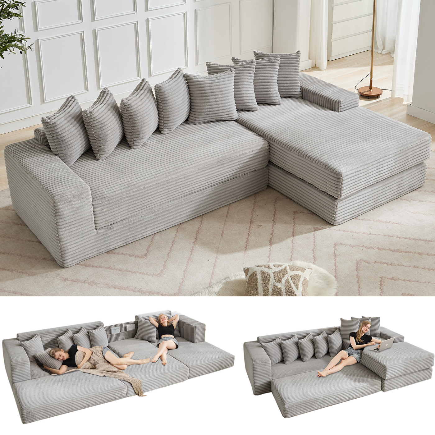 [NEW ARRIVED] [VIDEO PROVIDED] Oversize Cloud Couch, L-Shape Sofa, Convertible Floor Sleeper Sofa Bed, No Assembly ,Eight pillows,3-in-1,Magazine bag,(Right Facing Sofa),3 Seat,Corduroy,Light Gray