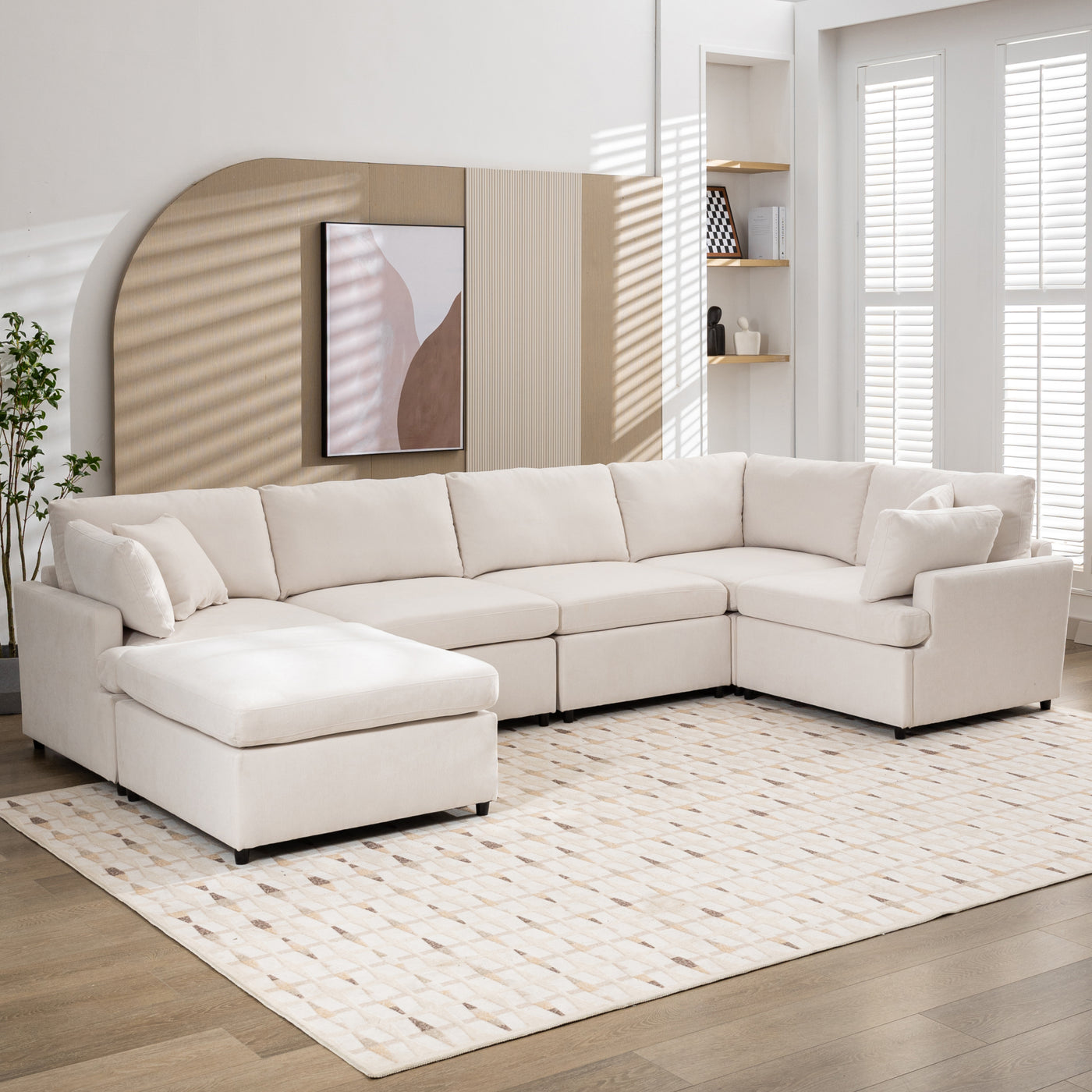 [ Video Provided]U_STYLE Upholstered Sectional Sofa with Removable Ottoman,U-Shape 6 Seat Sectional Couch,  for Living Room,,Apartment, Spacious Space