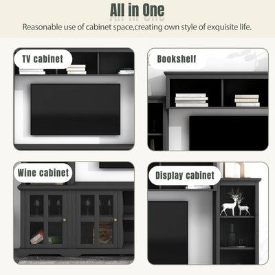 [VIDEO provided] ON-TREND Minimalism Entertainment Wall Unit with Bridge, Modern TV Console Table for TVs Up to 70', Multifunctional TV Stand with Tempered Glass Door, Black (Old SKU: SD000009AAB)