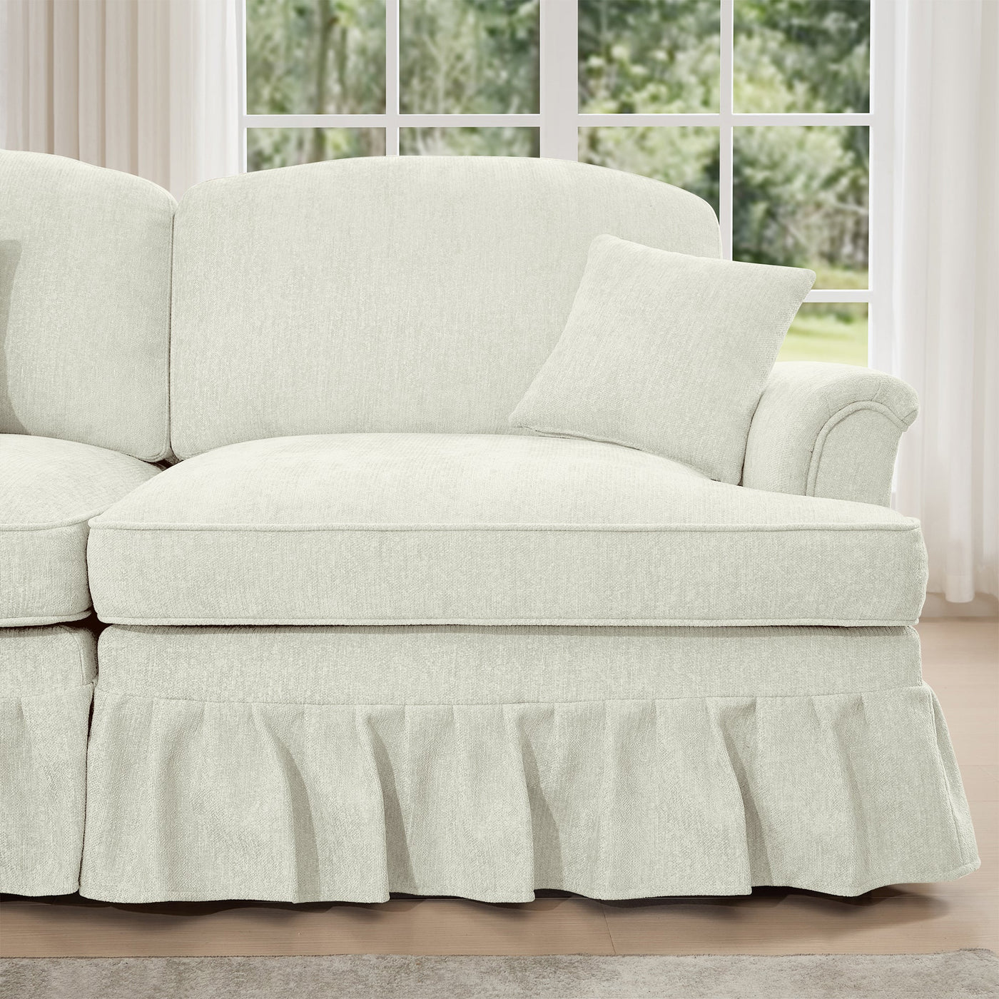 Classic U Shape 4 Seater Modular Sectional Sofa Couch with Flared Arms and Removable Ruffles Pleats Skirts and Spindle Legs, Chenille Deep Seat Cloud Sofa with Movable Ottomans, Beige White