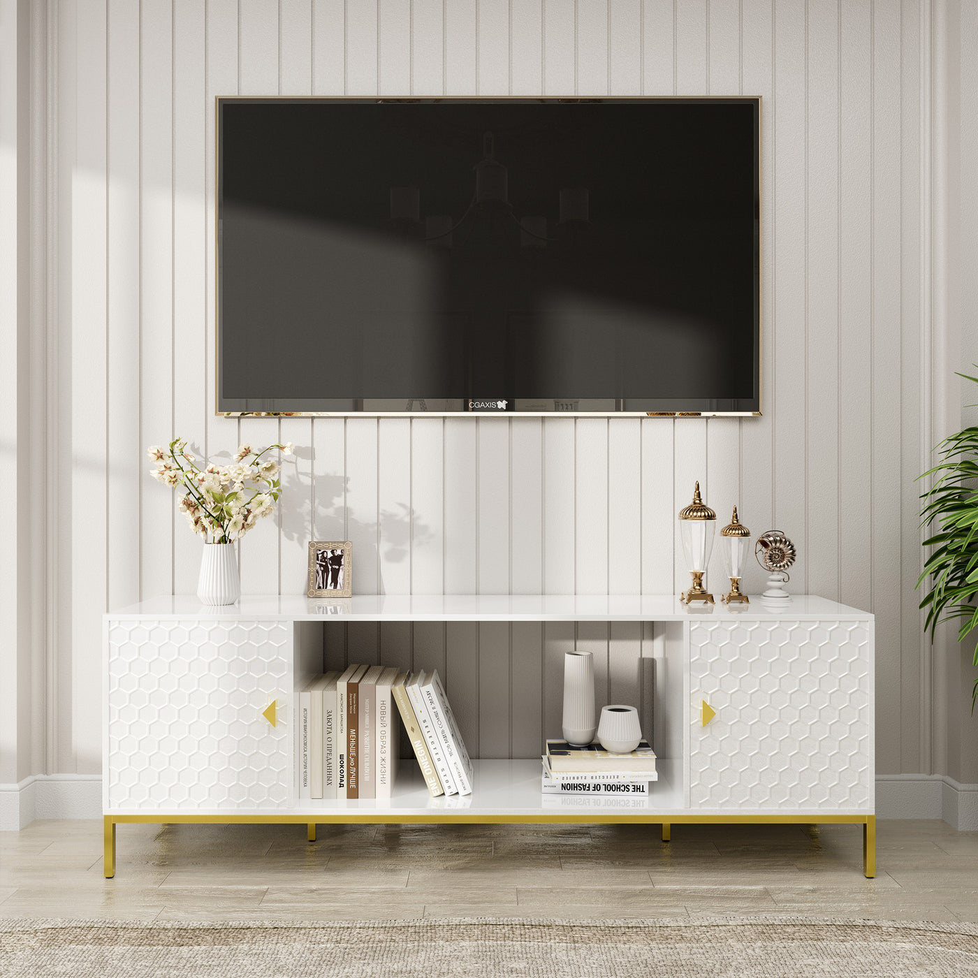 70 Inch TV Stand, Heavy Duty Wood Media Entertainment Center Console with Cabinet Storage & Open Shelves for Living Room, Modern Design (White)