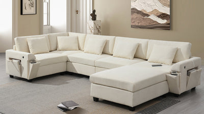 Chenille U Shaped Sectional Sofa with Ottoman, Storage, Cup Holders, and USB Ports, Off White, 128*67'