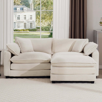 Light Beige Corduroy L-Shaped Two-Seater Sofa with Ottoman for Small Living Spaces