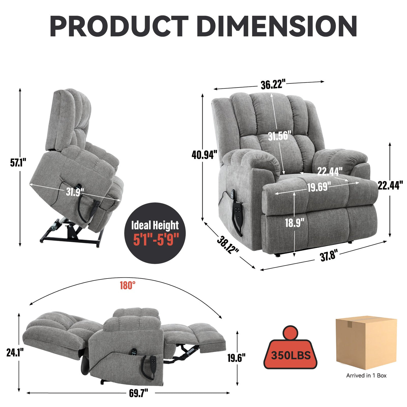 Dual Motor Heat Massage Infinite Position Up to 350 LBS Electric Power Lift Recliners with Power-Remote, Medium-firm and Heavy Duty, Light Grey