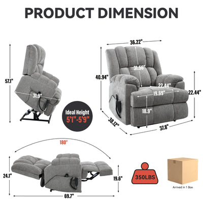 Dual Motor Heat Massage Infinite Position Up to 350 LBS Electric Power Lift Recliners with Power-Remote, Medium-firm and Heavy Duty, Light Grey