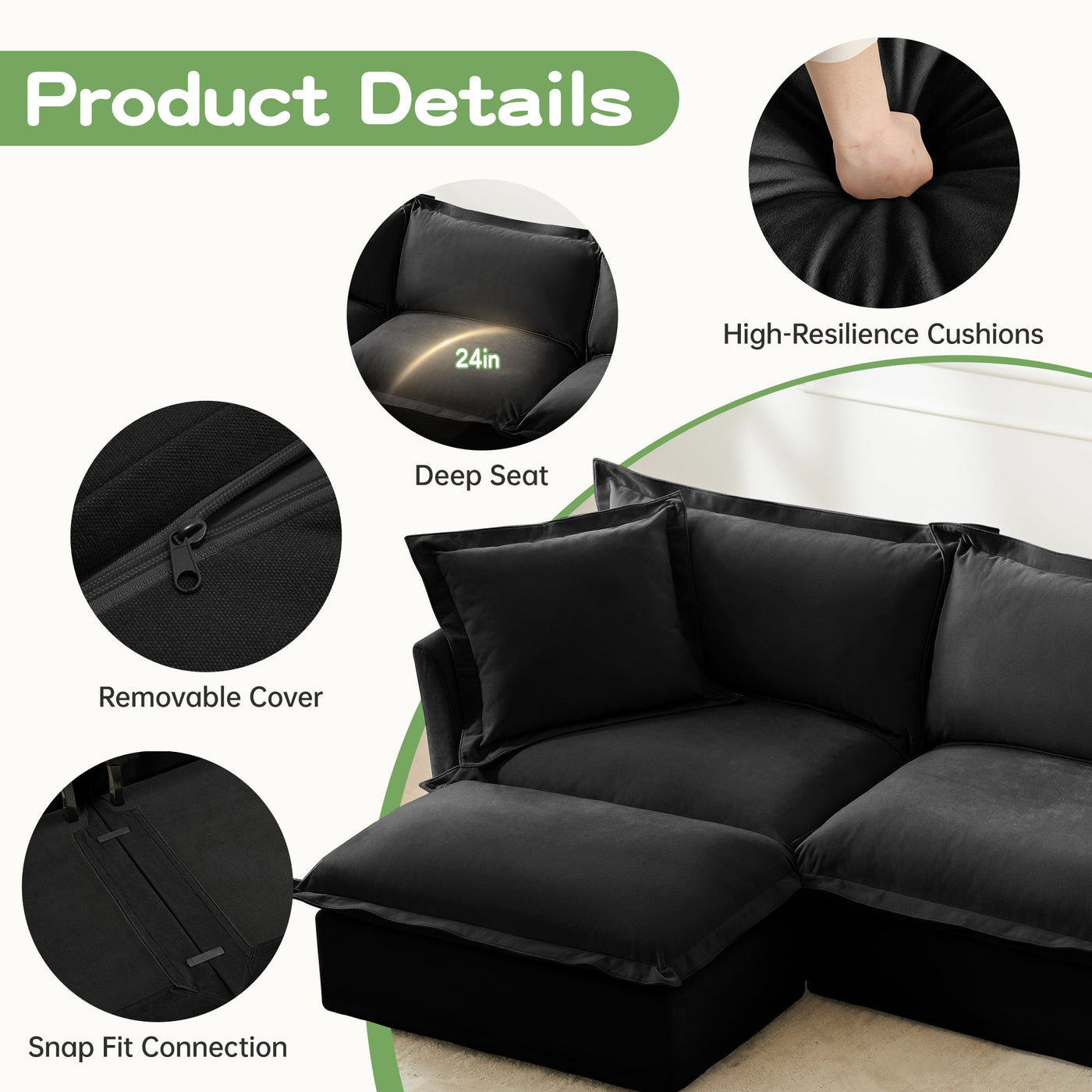 Slipcovered U Shape Sectional Wide and Deep Seat Sofa Couch, 4 Seater Sofa with French Edges Design Multiple Big Pillows, Soft Deep Seat Comfy Cloud Couch for Living Room, Apartment, Chenille Fabric