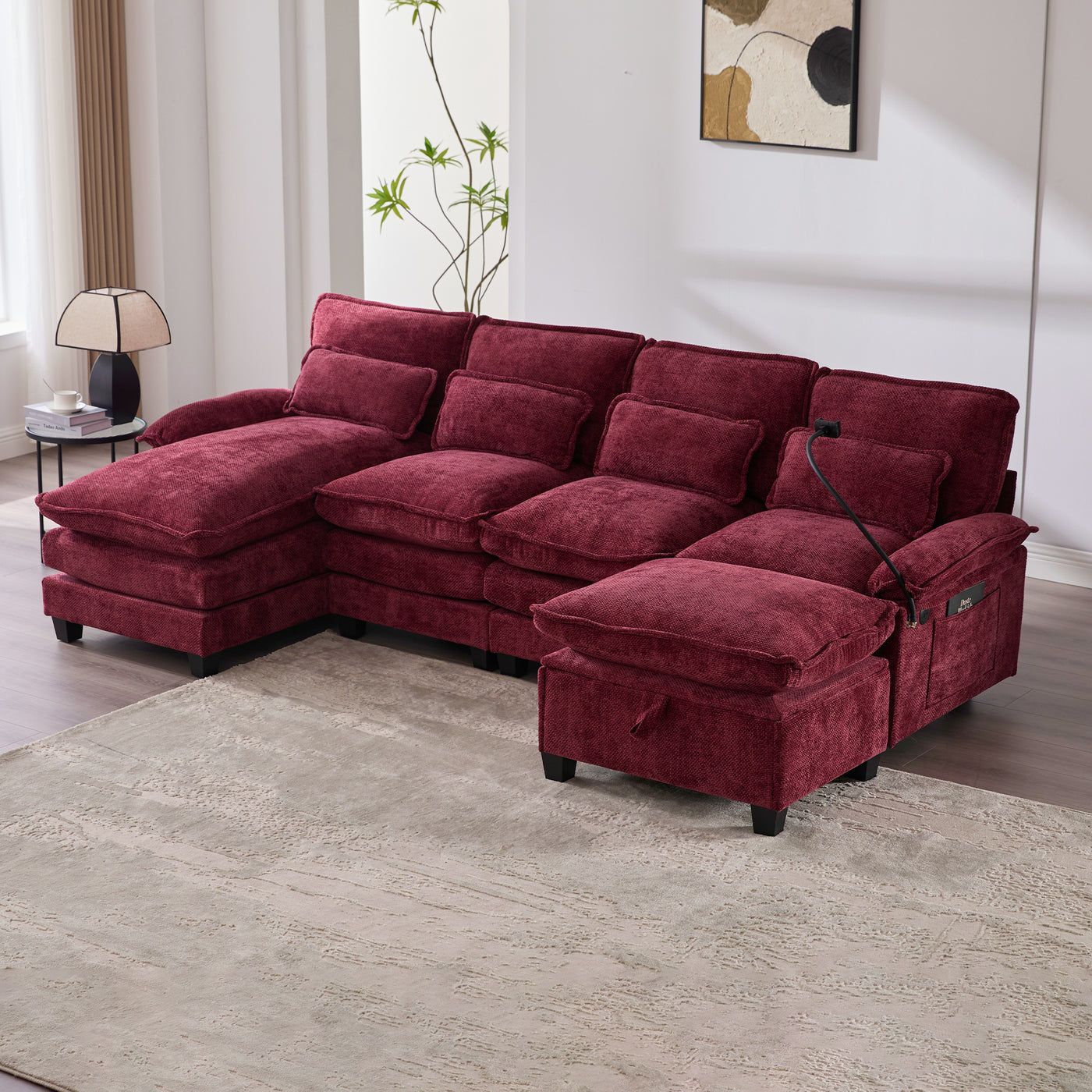 UNITED WE WIN 106' U Shape Sectional Sofa Cloud Couch for Living Room, Upholstery Comfy Modular Sofas, 4 Seat Chenille U-Shaped Sleeper Sofa with Chaise Lounge, Ottoman & Pillows