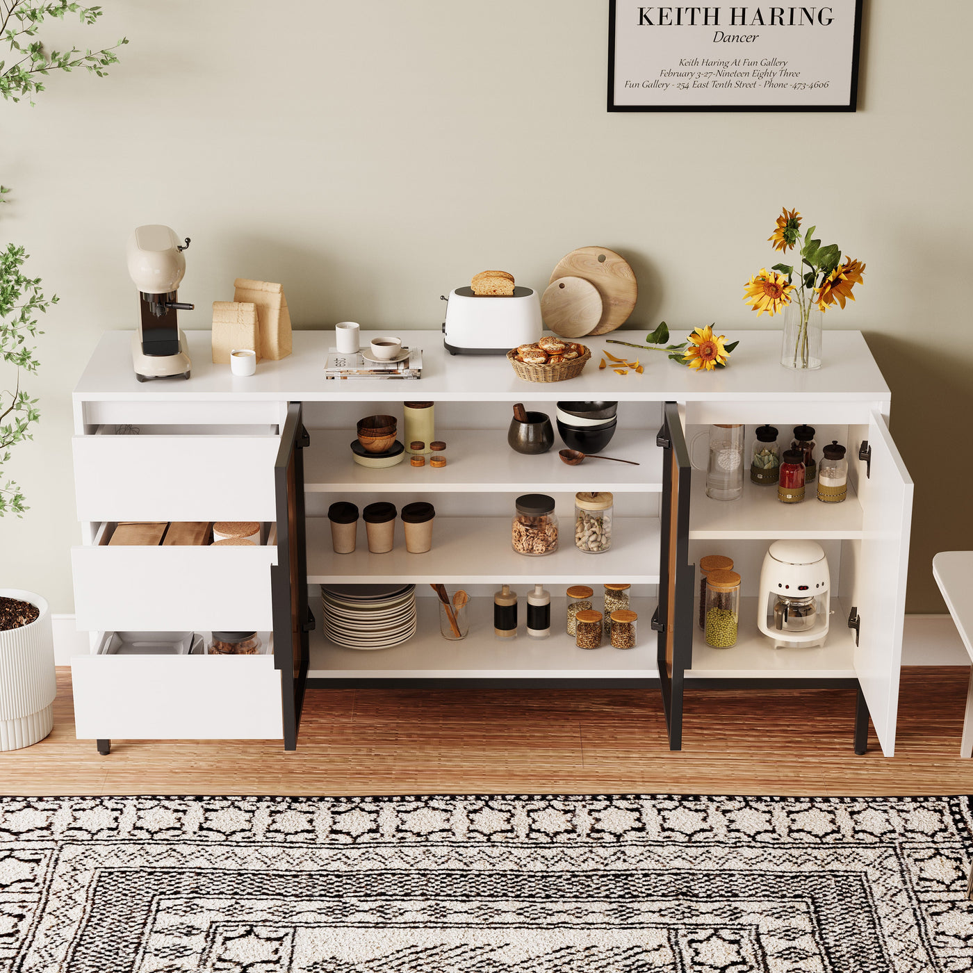 Buffet cabinet with storage, kitchen side panel storage room with doors and 3 drawers, pantry cabinet display rack, console, dining table manager furniture, living room dining room white