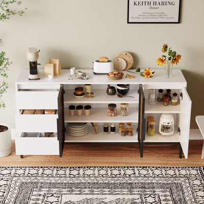 Buffet cabinet with storage, kitchen side panel storage room with doors and 3 drawers, pantry cabinet display rack, console, dining table manager furniture, living room dining room white