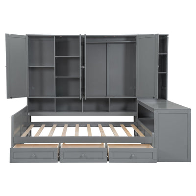 Full Size Wooden Daybed With Three Drawers, and All-in-One Cabinet, Desk and Shelves, Gray