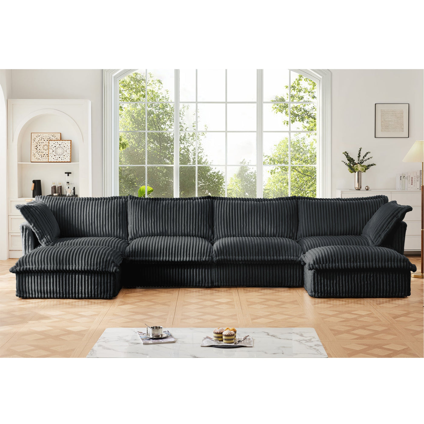 Slipcovered U Shape Sectional Wide and Deep Seat Sofa Couch, 4 Seater Sofa with French Edges Design Multiple Big Pillows, Soft Deep Seat Comfy Cloud Couch for Living Room, Apartment, Gray Corduroy