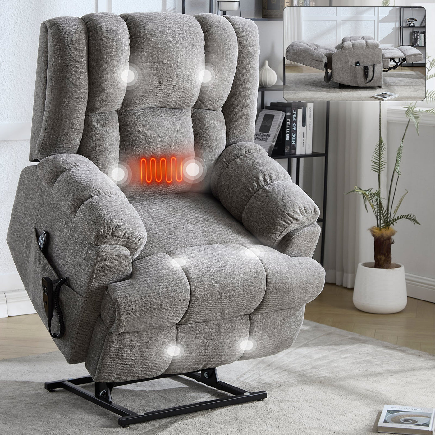 Dual Motor Heat Massage Infinite Position Up to 350 LBS Electric Power Lift Recliners with Power-Remote, Medium-firm and Heavy Duty, Light Grey