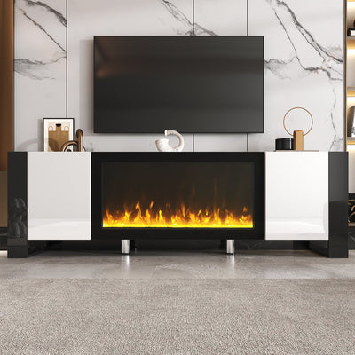 ON-TREND Modern TV Stand with 34.2' Non-heating Electric Fireplace, High Gloss Entertainment Center with 2 Cabinets, Media Console for TVs up to 78', White
