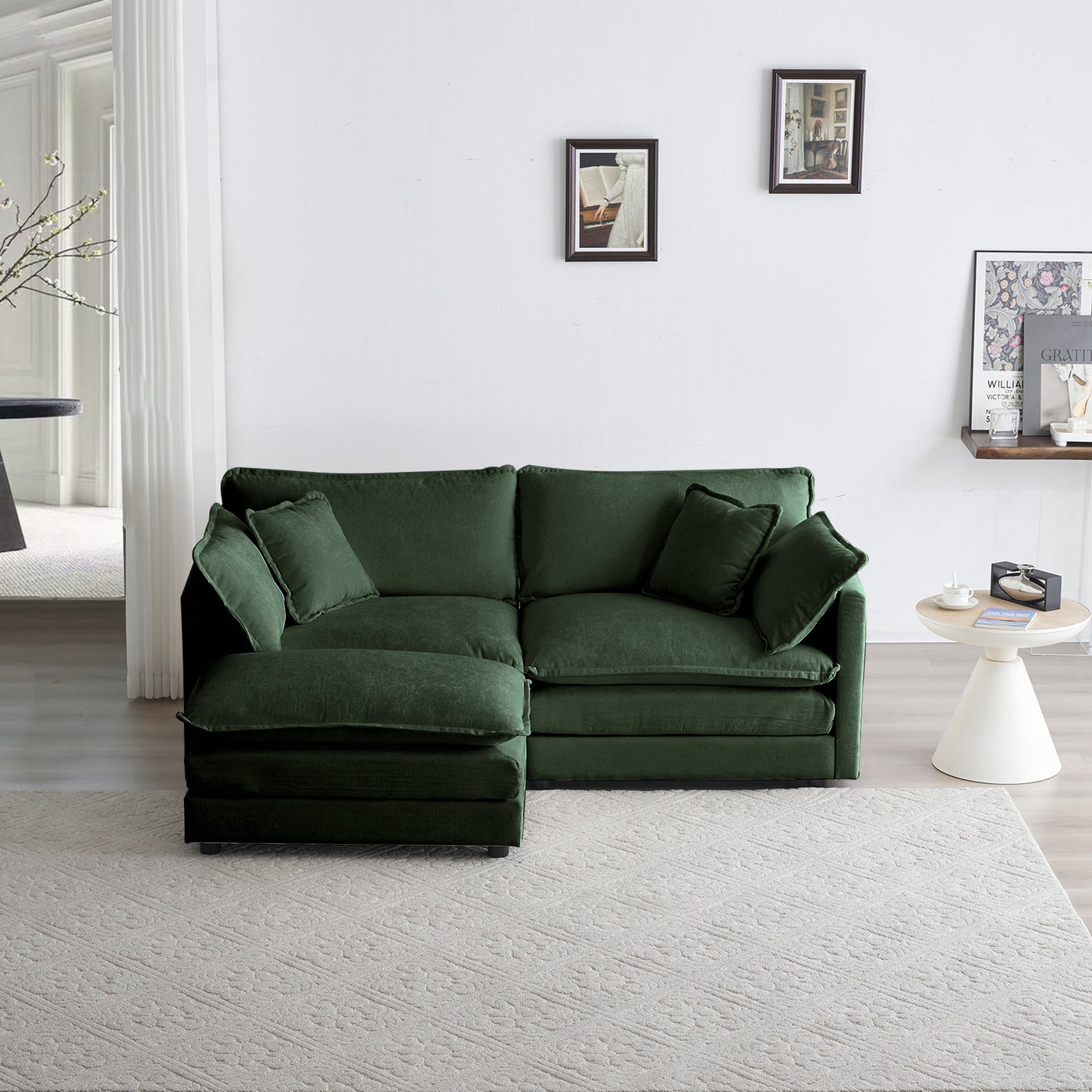 Chenille Two-Seater Sofa with 1 Footrest, 2 Seater L-Shaped Sectional with Ottoman,Loveseat with Ottoman for Small Living Space, Green Chenille
