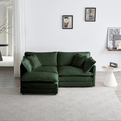 Chenille Two-Seater Sofa with 1 Footrest, 2 Seater L-Shaped Sectional with Ottoman,Loveseat with Ottoman for Small Living Space, Green Chenille