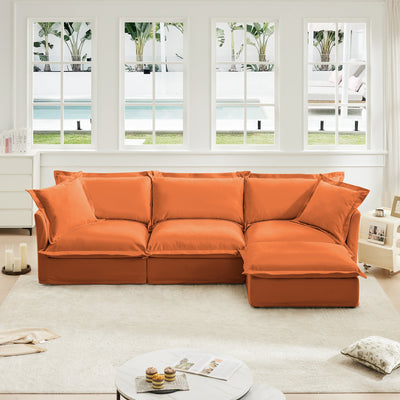 L-Shaped Slipcovered Sectional Sofa Couch, Comfy Chenille Deep Seat Cloud Couch with Convertible Ottoman & 2 Big Pillows, Modern Oversized 3 Seater Slipcovered Sofa Set for Living Room Office, Orange