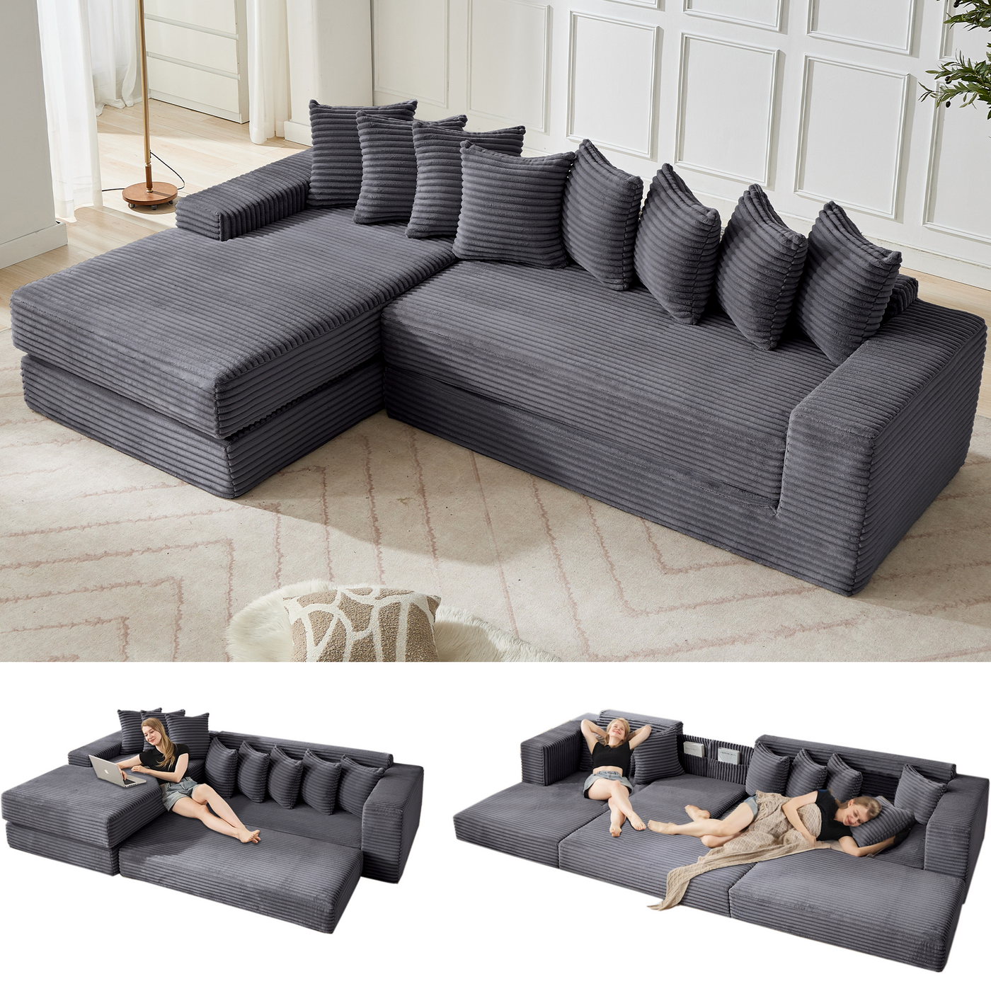 [NEW ARRIVED] [VIDEO PROVIDED] Oversize Cloud Couch, L-Shape Sofa, Convertible Floor Sleeper Sofa Bed, No Assembly ,Eight pillows,3-in-1,Side Pocket,(Left Facing Sofa),3 Seat,Corduroy,Dark Gray